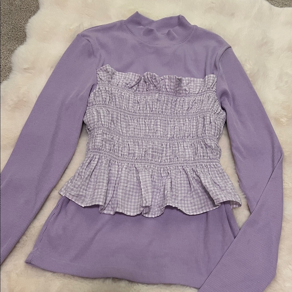 NWOT Sandy Liang Lilac Ruffle Smocked Knit Blouse Size Small